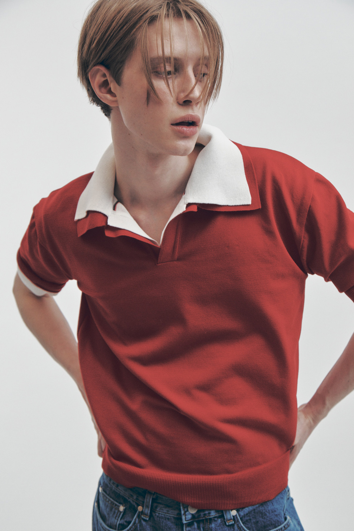 CROPPED MINIMAL KNITTED POLO SHIRT(RED)
